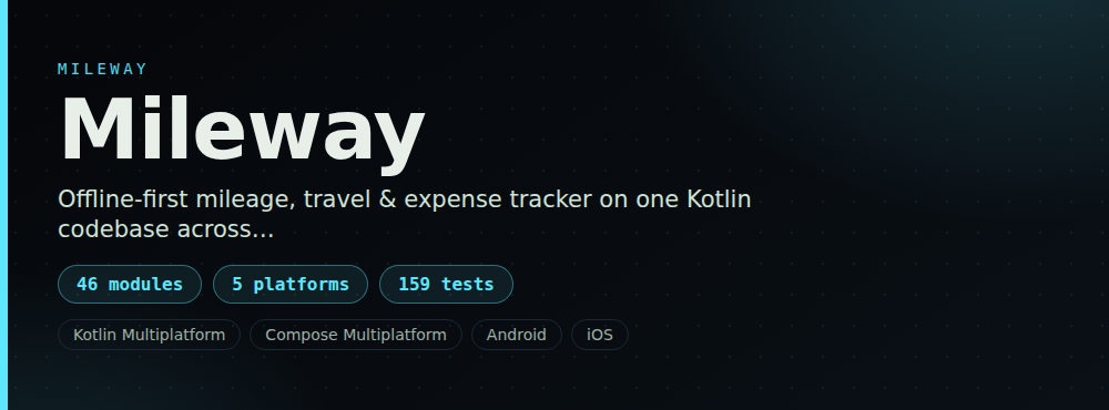Mileway — 46 modules, 5 platforms, 159 tests
