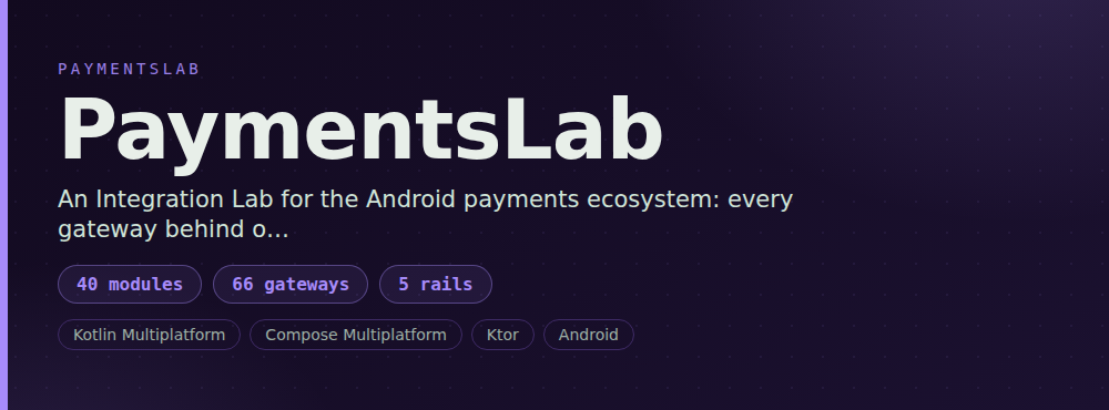 PaymentsLab — 40 modules, 66 gateways, 5 rails