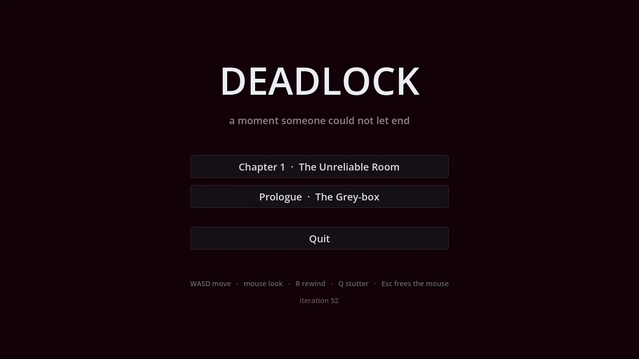 Title — dark maroon, a room that lies about its own floor