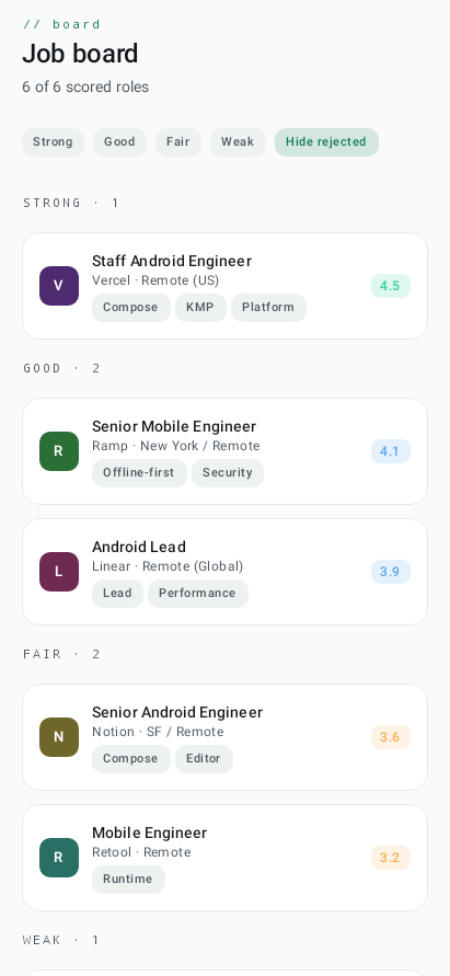Job board — scored roles, re-scored live against your profile