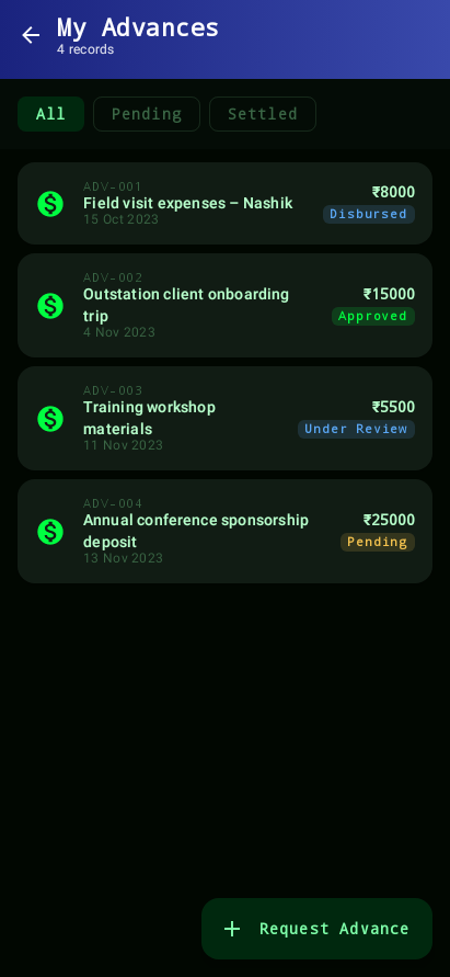 Advance-request history