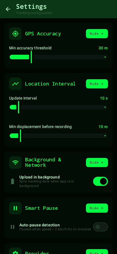 Tracking settings