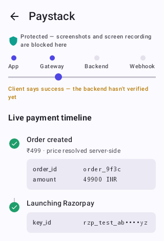 Live payment flow timeline